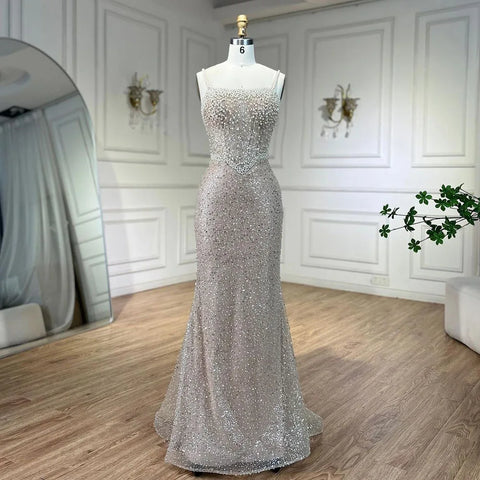 Nude Mermaid Evening Gown - Elegant, Luxurious, Pearls Beaded. Perfect for Women's Wedding Party in 2025. LA72321