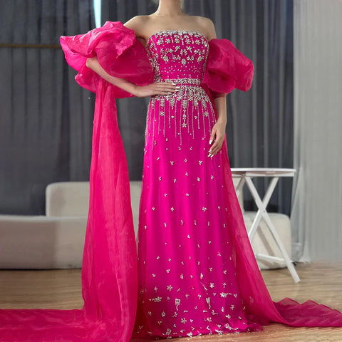 2025 Black Beaded Mermaid Evening Dresses Gowns with Puff Sleeves Overskirt for Formal Occasion LA72002