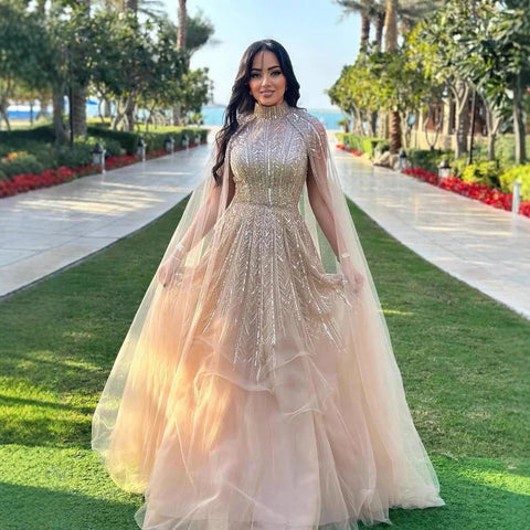 Blue Beaded A-Line Evening Dress Gown with Cape Sleeves LA72728