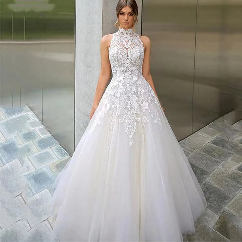 High Neck Vestidos De Novia Appliques Vestido De Noiva Sleeveless Wedding Dresses Lace Robe De Mariée