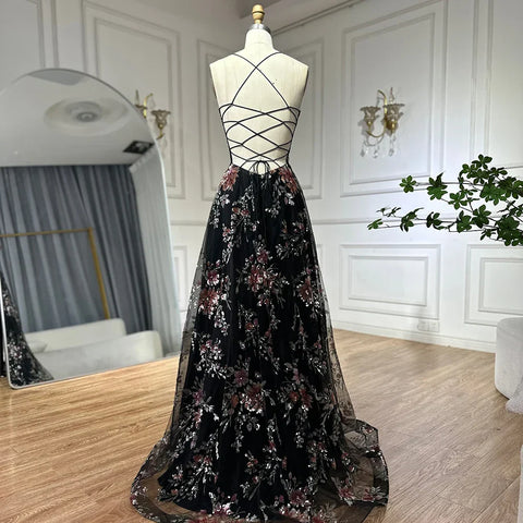 2025 Spaghetti Strap A-Line Black Beaded Luxury Prom Dress for Formal Occasion Saudi Arabic LA72773