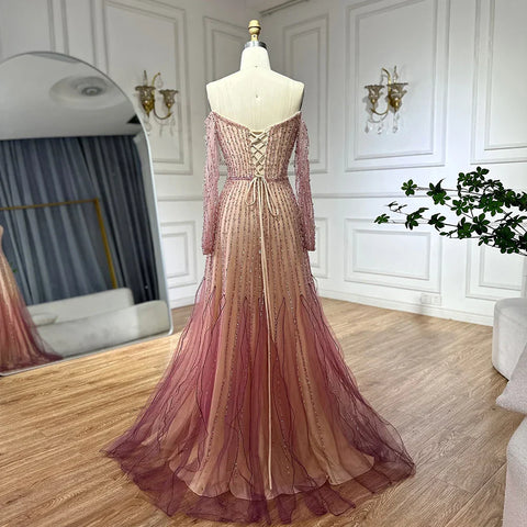 2025 Arabic Purple Elegant A-Line Beaded Long Evening Dresses Gowns for Formal Occasion LA72752