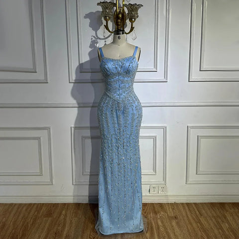 2025 Arabic Blue Spaghetti Strap Mermaid Gown Luxury Beaded Saudi Evening Dress for Formal Occasion LA72725