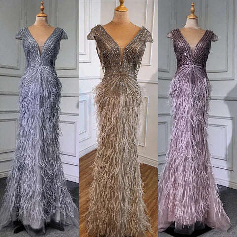 Brown Mermaid Elegant Luxury Beaded Evening Dress Gown with Feathers LA70801