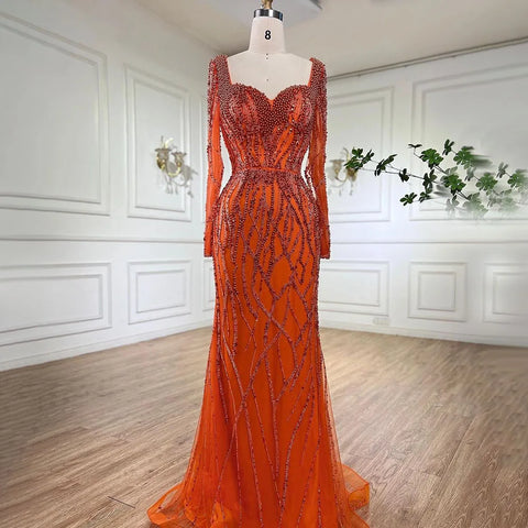 Vestidos de noche árabes elegantes con perlas y cuentas de lujo de sirena azul para mujer, ideales para bodas y fiestas LA71861 