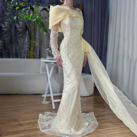 2025 Pink Mermaid Luxury Beaded Pearls Evening Dress with Overskirt Gown for Formal Occasion LA72348A