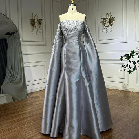 2025 Luxury Off Shoulder A Line Gray Satin Evening Gown Pearl Beaded for Formal Occasion LA72779