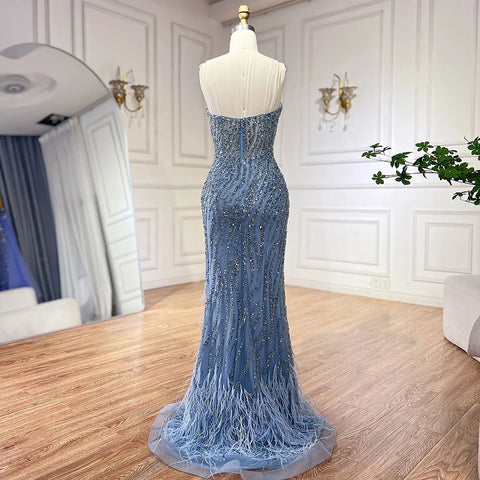2025 Arabic Strapless Blue Beaded Feathers Luxury Dubai Evening Gowns with Side Skirt for Women Wedding party LA72695