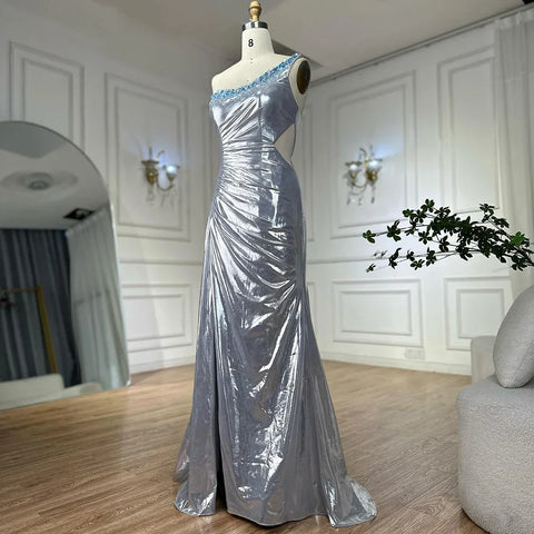 2025 Elegant Silver One-Shoulder Beaded Mermaid Luxury Dubai Evening Gown with Side Split for Women's Party LA72672
