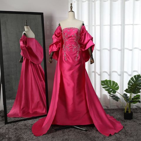 Vestidos de noche estilo sirena, corte sirena, sin tirantes, con chaqueta y cuentas, de satén fucsia árabe, para mujer, ideales para bodas y fiestas (LA71896) 