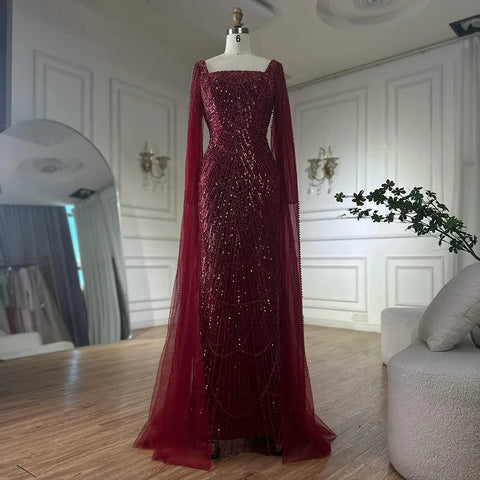 2025 Saudi Arabic Turquoise Mermaid Evening Dress With Pearls Beaded Cape Sleeves For Formal Occasion LA72590A