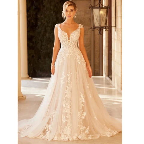 Elegant Wedding Dress For Women V-Neck Cap Sleeve Lace Appliques Vestidos De Novia With Button Sweep Train