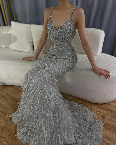 Robe de soirée sirène grise à bretelles spaghetti, luxueuse robe perlée, style arabe, pour mariage, LA71652A, 2025 