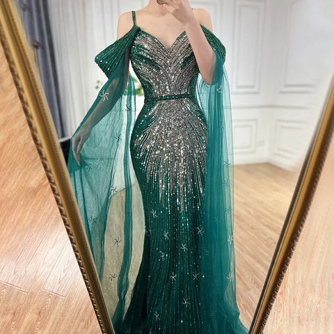 2025 Spaghetti Strap Blue Mermaid Beaded Luxury Evening Dress with Cape Sleeves for Formal Occasion Saudi LA72707