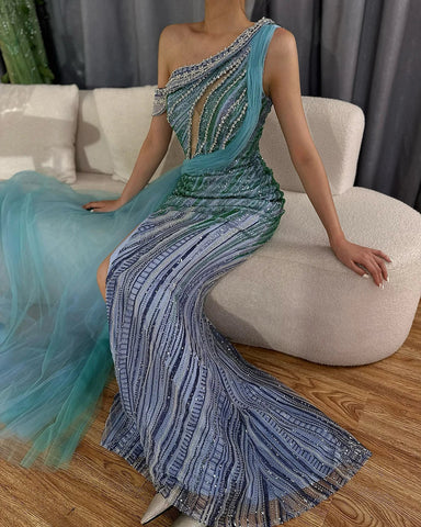 2025 Arabic One-Shoulder High Split Blue Mermaid Gown Luxury Beaded Saudi Evening Dress for Formal Occasion LA72718