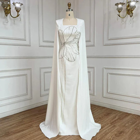 Arabic Black Mermaid Elegant Cape Sleeves Beaded Satin Luxury Dubai Evening Dresses Gowns For Women Party LA72461