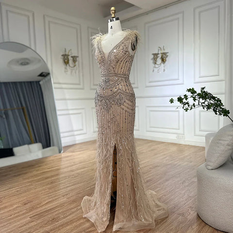 2025 Arabic Blue Elegant Split Mermaid Beaded Feathers Long Evening Dresses Gowns for Formal Occasion LA72742