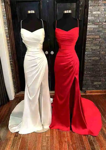 2025 Arabic Red Elegant Spaghetti Strap Pleated Satin Prom Dress with Split for Women's Party LA72675