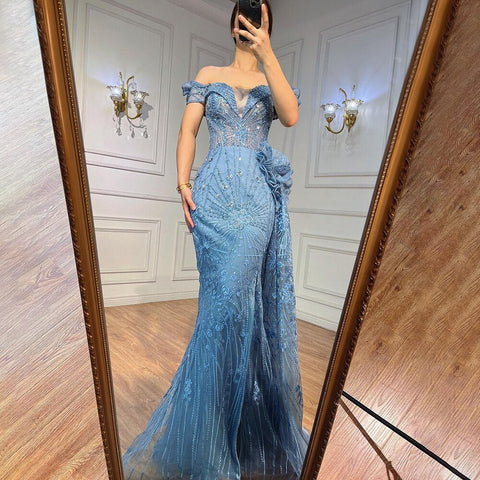 Vestidos de noche formales de sirena azul con encaje y cuentas, con sobrefalda o vestidos de fiesta de bodas para mujer LA72042 