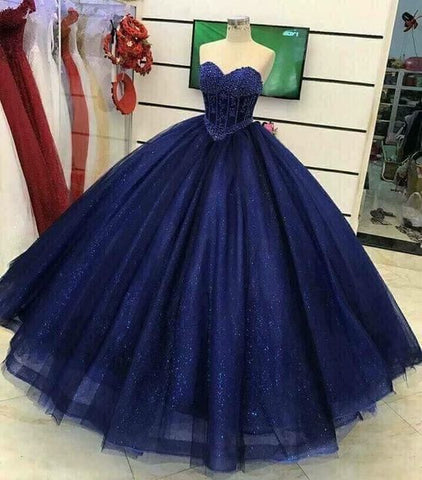 Gorgeous Beading Sweetheart neck Tulle Prom Dresses Blue Ball Gown S16691