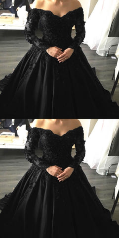 Black Lace Appliques Long Sleeves Ball Gowns Prom Dresses S14044
