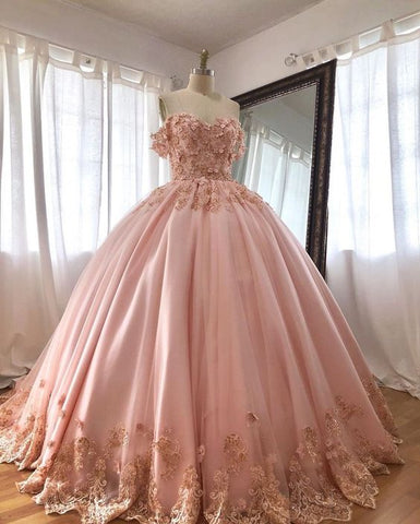 Pink Embroidered Lace Quinceanera Dresses Ball Gowns Long Prom Dress S15407
