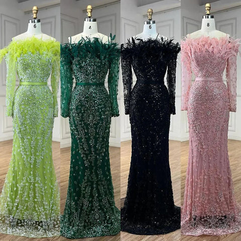 Vestido de noche de lujo con escote barco estilo sirena, elegante, plumas y cuentas, color verde Dubái, para mujer, para fiesta de bodas, LA72553 