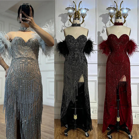 Silver Nude Strapless Mermaid Open Split Sexy Evening Dresses Luxury Beaded Tassel Party Gowns For Women LA72083