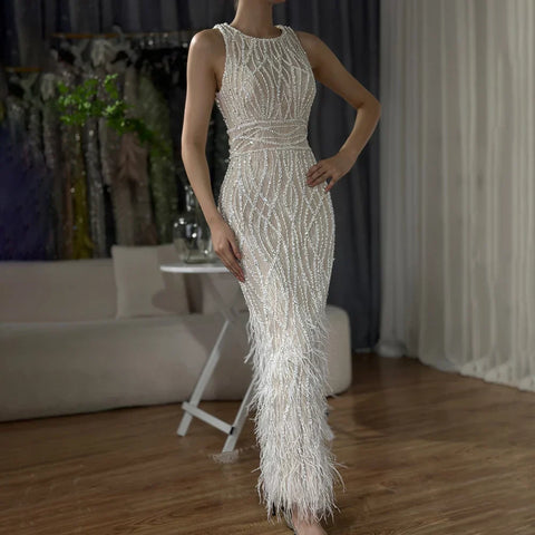 Elegant Black & White Feather  Midi  Evening Dresses  LA72076