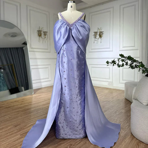 Lilac Off Shoulder Lilac Evening Dress with Cape Beaded Wedding Party Gowns LA72529