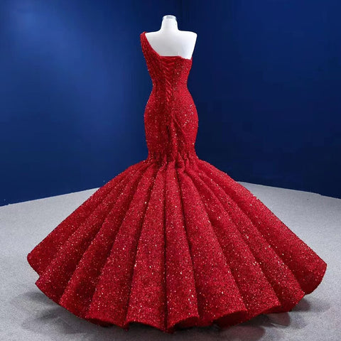 Red One Shoulder Luxury Evening Dresses 2025 Sequins Beaded Mermiad Elegant Bridal For Women Party HM67447
