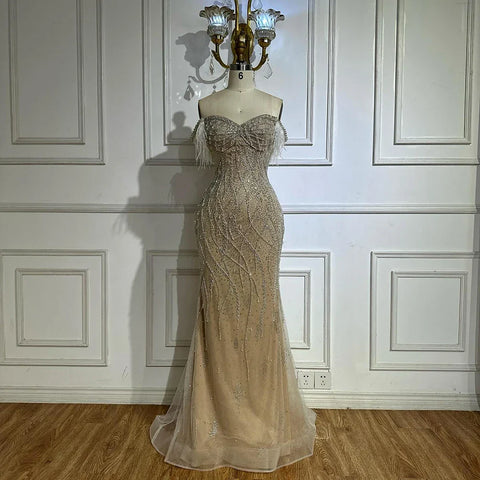 Nude Beaded Mermaid Evening Gown with Feathered Detail for Formal Occasion  2025 LA72818