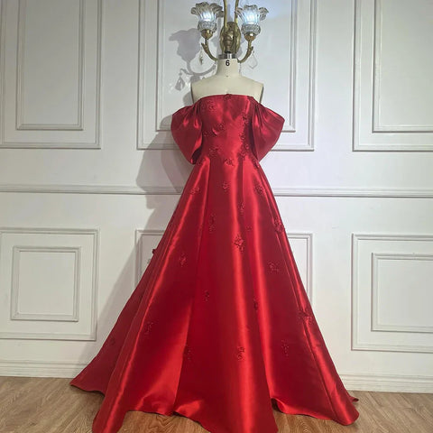 Elegant 3D Flowers Off Shoulder Red Evening Dress LA72778