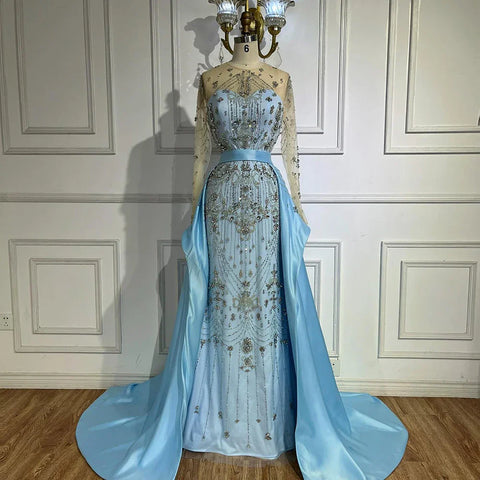 Luxury Beaded Blue Long Sleeves Evening Dresses with Overskirt  LA72757