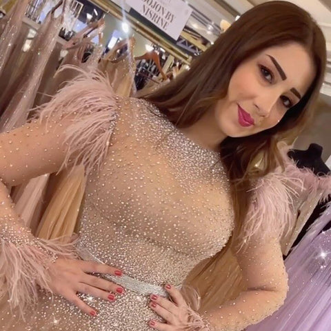 Pink A Line O-Neck Sexy Feathers Long Sleeves Beaded Luxury Arabic Party Dresses Formal Women Evening 2025 LA71783