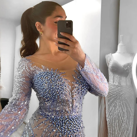 Luxury Dubai White Nude Mermaid Evening Dresses Long Sleeve LA72634