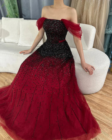 Gradual Change Wine Red Evening Dresses Gowns 2025 Beaded Bling A-Line Luxury For Women Party LA71329