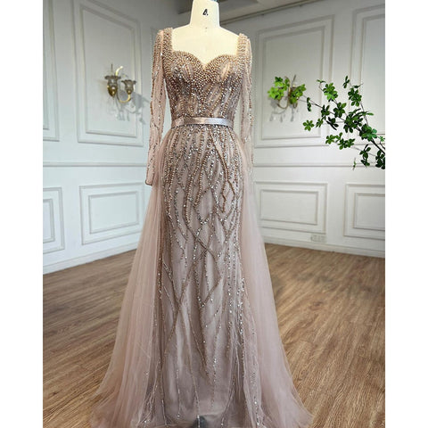 Vestidos de noche árabes elegantes con perlas y cuentas de lujo de sirena azul para mujer, ideales para bodas y fiestas LA71861 