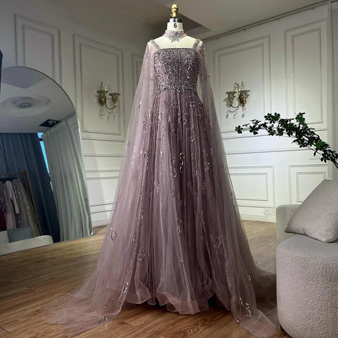 2025 Arabic Nude A Line Cape Sleeve Crystal Beaded Luxury Saudi Evening Dresses Gowns For Formal Occasion LA72764