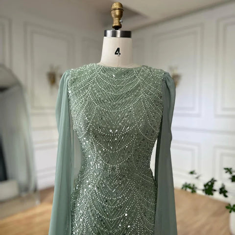 2025 Saudi Arabia Blue Mermaid Cape Sleeve Luxury Beaded Evening Gown for Formal Occasion LA72160A