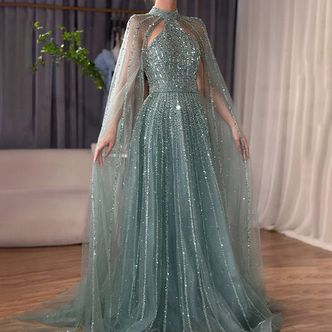 Arabic Turquoise A Line Cape Sleeve Beaded Luxury Dubai Evening Dresses Gowns For Women Wedding Party 2025 LA72306A