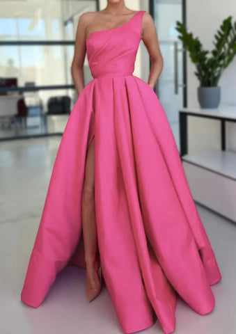 2025 Arabic Pink A-Line One-Shoulder Floor-Length Satin Prom Dress with Split, Ruffles, and Pockets for Women's Party LA72683