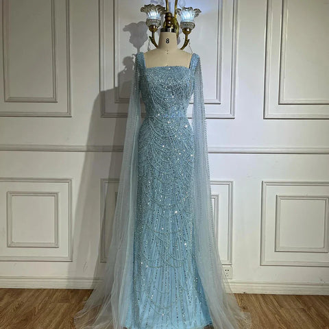 2025 Saudi Arabic Turquoise Mermaid Evening Dress With Pearls Beaded Cape Sleeves For Formal Occasion LA72590A