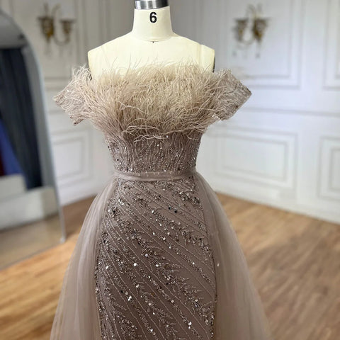 2025 Saudi Arabic Beaded Caramel Mermaid Elegant Evening Dresses Gowns with Overskirt for Formal Occasion LA71634A