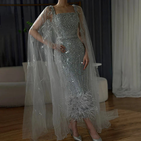 Lilac Mermaid Ankle Length Feather Beaded Luxury Evening Dress Gown with Cape LA71841