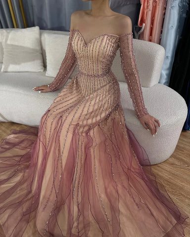 2025 Arabic Purple Elegant A-Line Beaded Long Evening Dresses Gowns for Formal Occasion LA72752