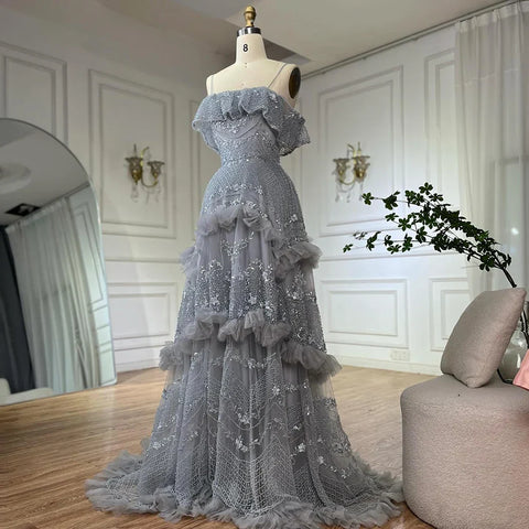 Luxury Silver Gray Off Shoulder Dubai Evening Dress LA72762