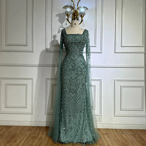 2025 Arabic Caramel Mermaid Long Evening Dress with Beaded Cape Sleeves | Gown for Women's Wedding Party LA72400A