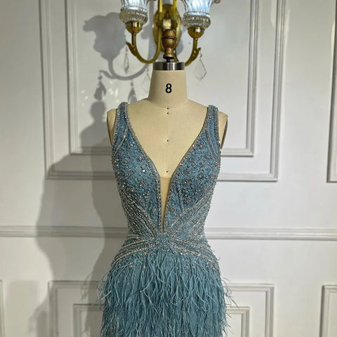 Gold Sexy High Split Mermaid Evening Dresses Gowns Backless Luxury Beaded Feather 2025 For Women Party LA71583