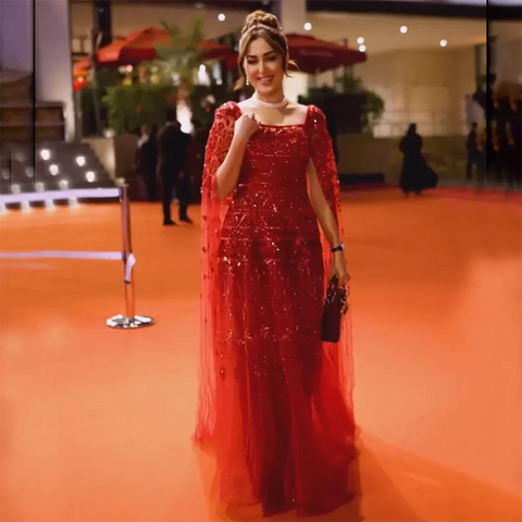 Wine Red Mermaid Evening Dresses Gowns 2025 with Beaded Cape Sleeves Design for Women's Wedding Party LA72355